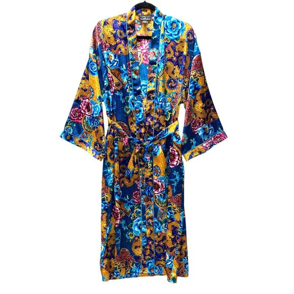 Dora C. Robe Kimono, Size Medium, Colorful Print Dragons Flowers Pockets Sash - Picture 1 of 13